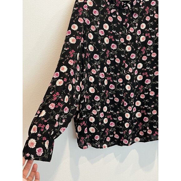 Elie Tahari Womens Floral Top Blouse Size Medium Button Long Sleeves Black Pink - Picture 8 of 10